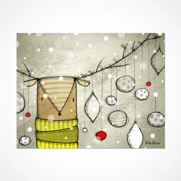 Carte renne et boules de Noël