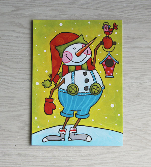 Carte bonhomme de neige et cabane d’oiseaux