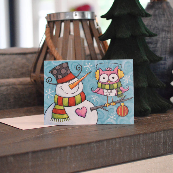 Carte bonhomme de neige et hibou