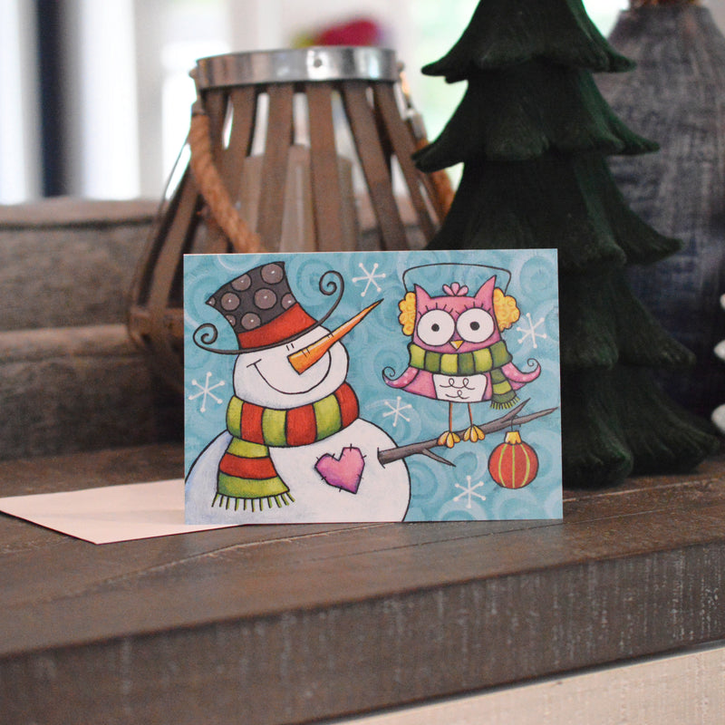 Carte bonhomme de neige et hibou