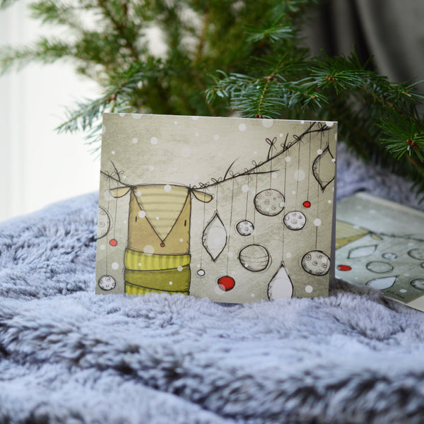 Carte renne et boules de Noël