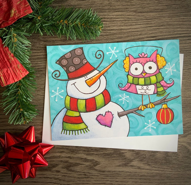 Carte bonhomme de neige et hibou