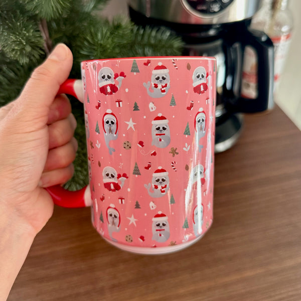 Tasse 15 oz phoques rose de Noël