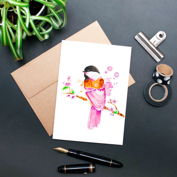 Carte oiseau mésange rose