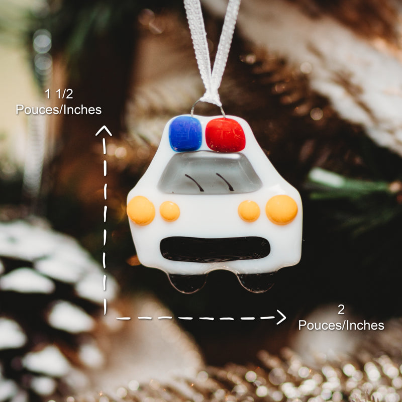 Auto de police en verre à suspendre dans le sapin avec gyrophare à donner en cadeau à un policier 